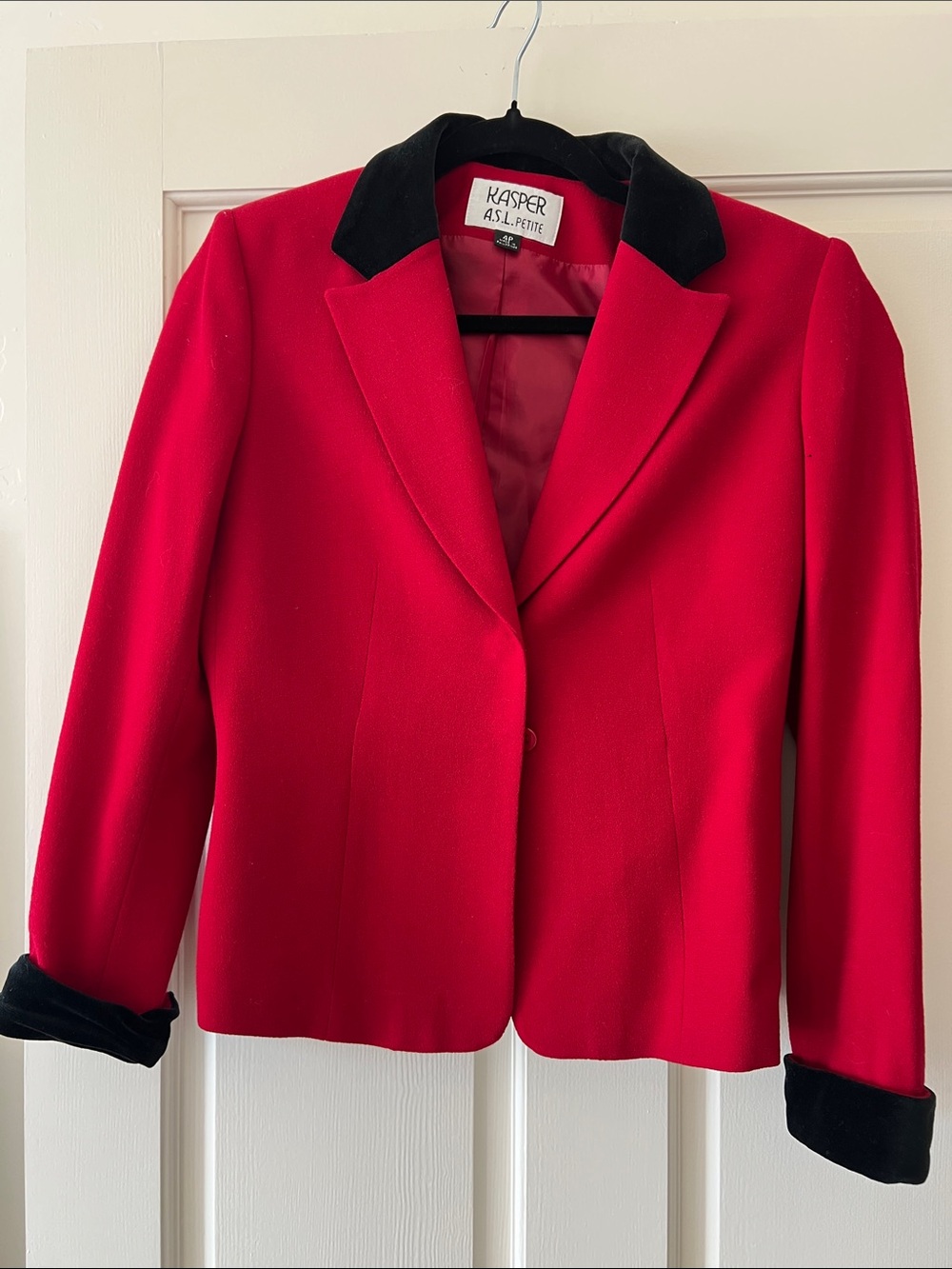 Vintage Kasper Petite Red Blazer with Black Velvet Trim